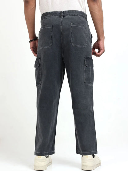 Silisoul Grey Baggy Fit Cotton Mid-Rise Zip Knitted Trousers