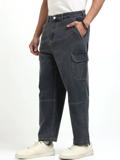 Silisoul Grey Baggy Fit Cotton Mid-Rise Zip Knitted Trousers