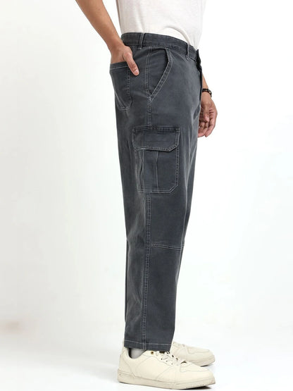 Silisoul Grey Baggy Fit Cotton Mid-Rise Zip Knitted Trousers
