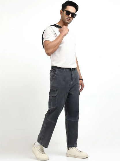 Silisoul Grey Baggy Fit Cotton Mid-Rise Zip Knitted Trousers