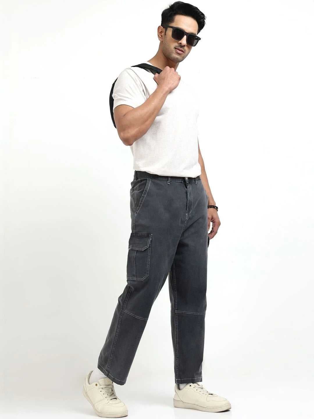 Silisoul Grey Baggy Fit Cotton Mid-Rise Zip Knitted Trousers