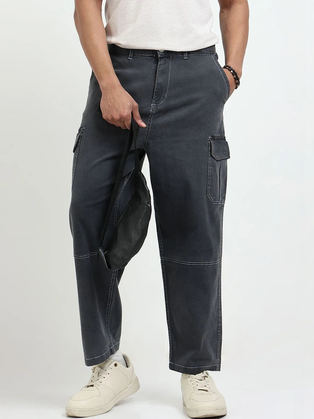 Silisoul Grey Baggy Fit Cotton Mid-Rise Zip Knitted Trousers
