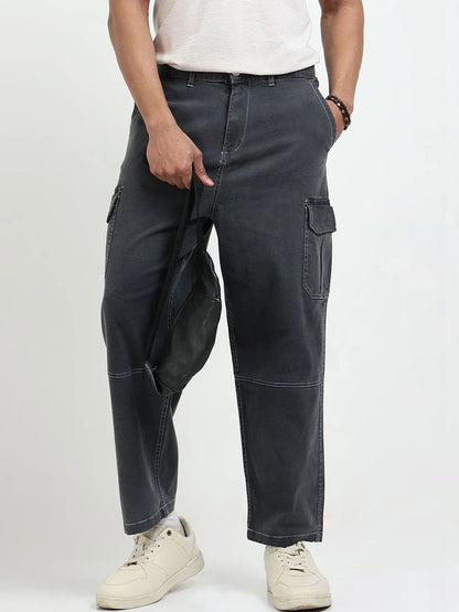 Silisoul Grey Baggy Fit Cotton Mid-Rise Zip Knitted Trousers