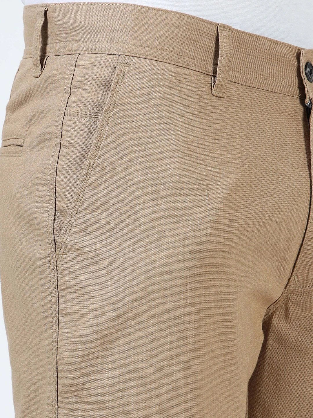 Silisoul Khaki Regular Fit Linen Mid-Rise Button Trousers