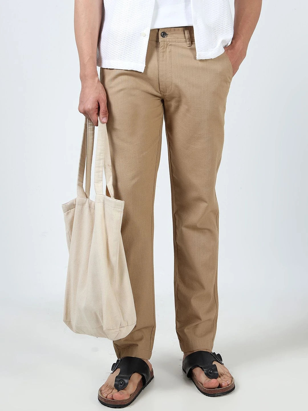 Silisoul Khaki Regular Fit Linen Mid-Rise Button Trousers