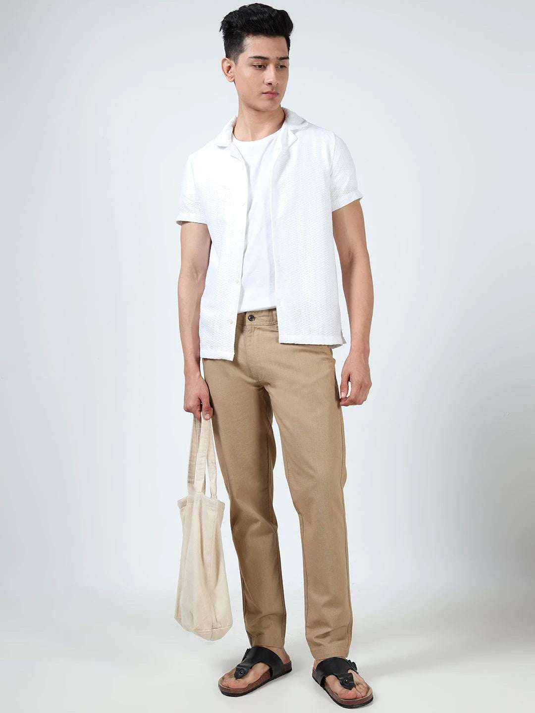 Silisoul Khaki Regular Fit Linen Mid-Rise Button Trousers