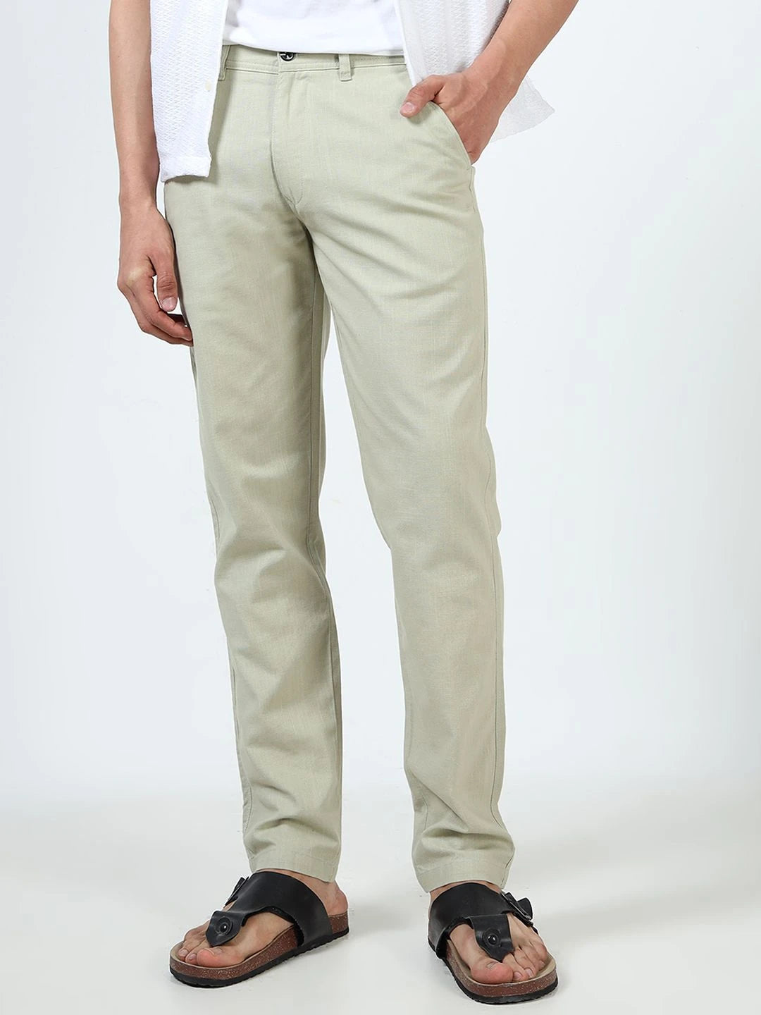 Silisoul White Regular Fit Linen Mid-Rise Button Trousers