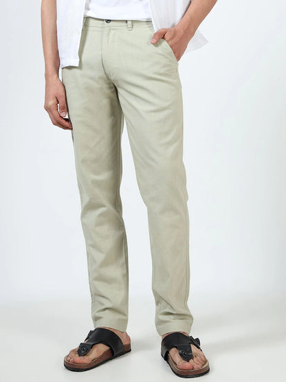Silisoul White Regular Fit Linen Mid-Rise Button Trousers