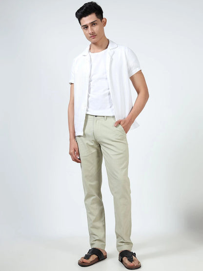 Silisoul White Regular Fit Linen Mid-Rise Button Trousers