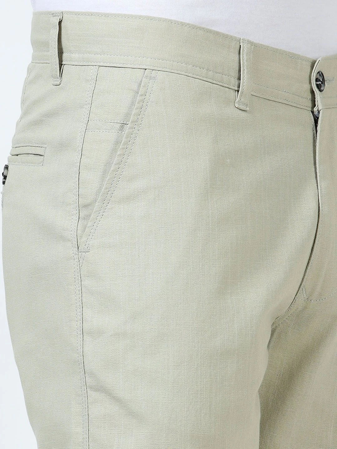 Silisoul White Regular Fit Linen Mid-Rise Button Trousers