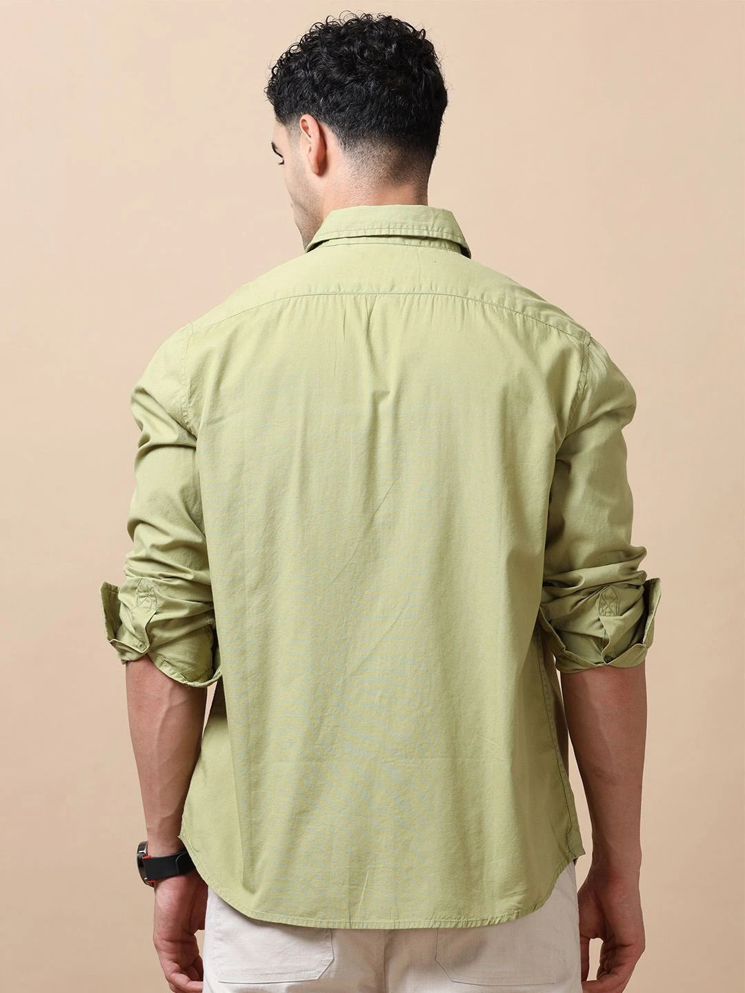 Silisoul Green Regular Fit Cotton Long Sleeves Spread Collar Curved Hem Shirt