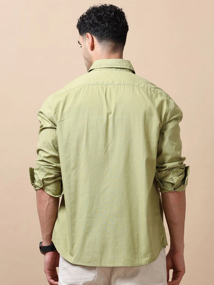 Silisoul Green Regular Fit Cotton Long Sleeves Spread Collar Curved Hem Shirt