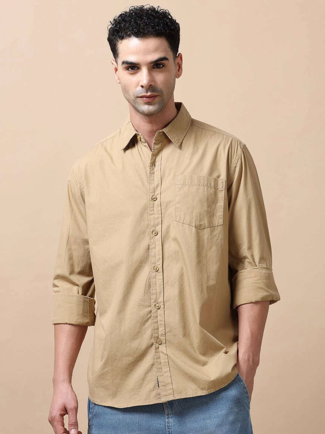 Silisoul Khaki Regular Fit Cotton Long Sleeves Spread Collar Shirt