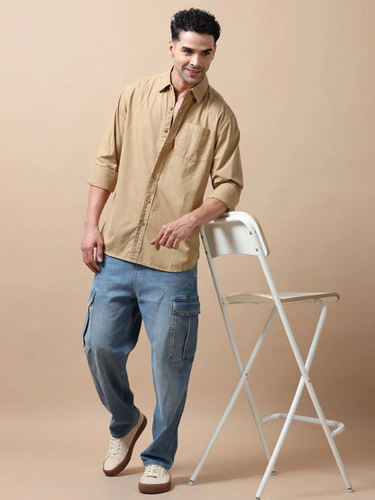 Silisoul Khaki Regular Fit Cotton Long Sleeves Spread Collar Shirt