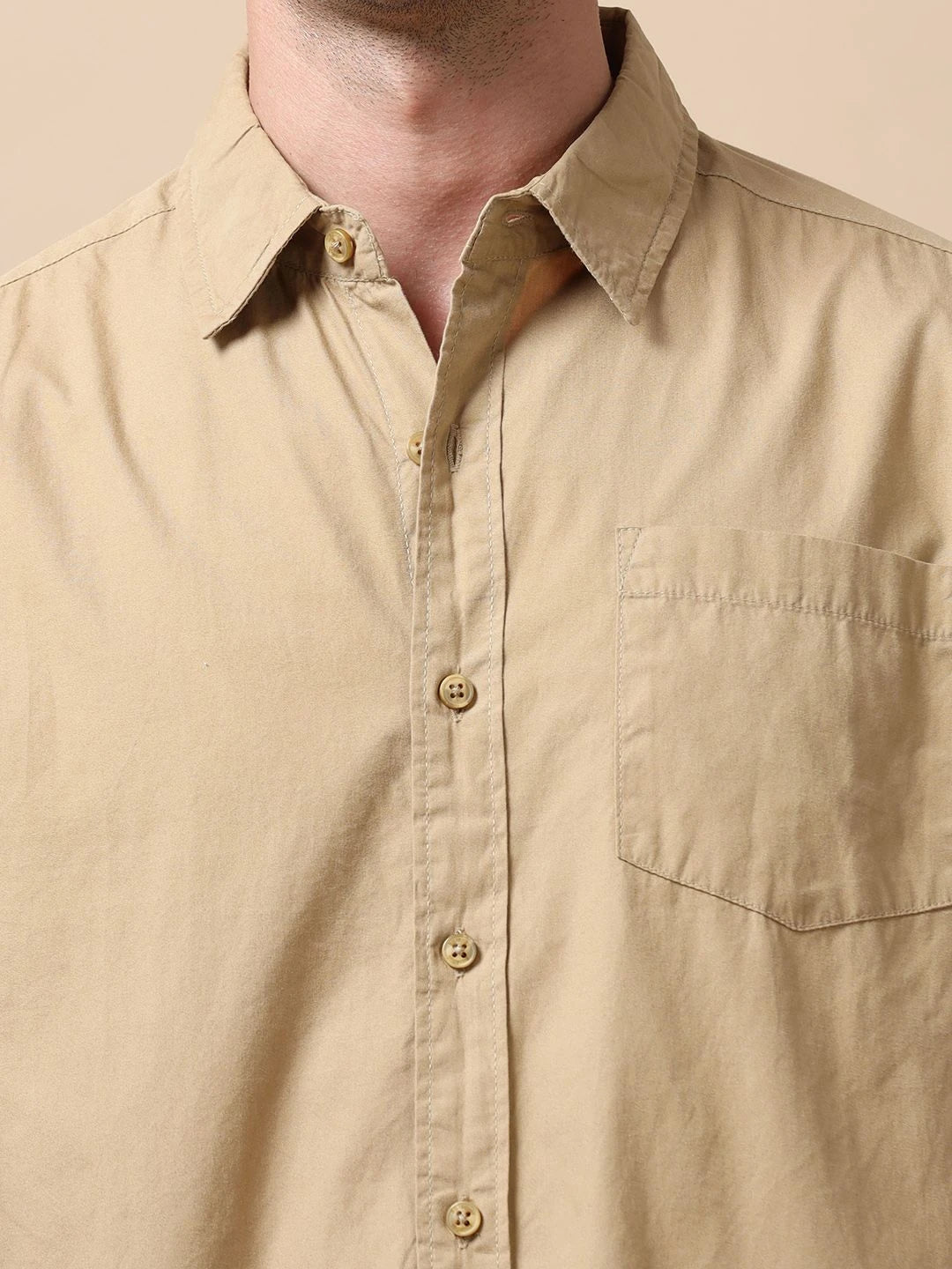Silisoul Khaki Regular Fit Cotton Long Sleeves Spread Collar Shirt