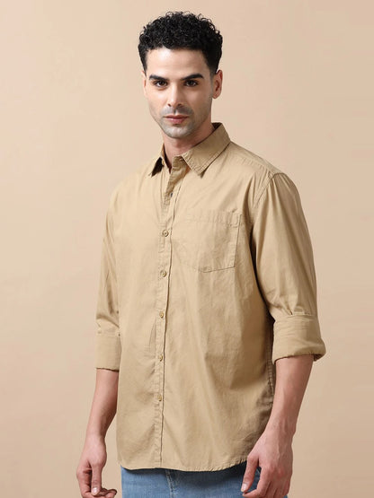 Silisoul Khaki Regular Fit Cotton Long Sleeves Spread Collar Shirt