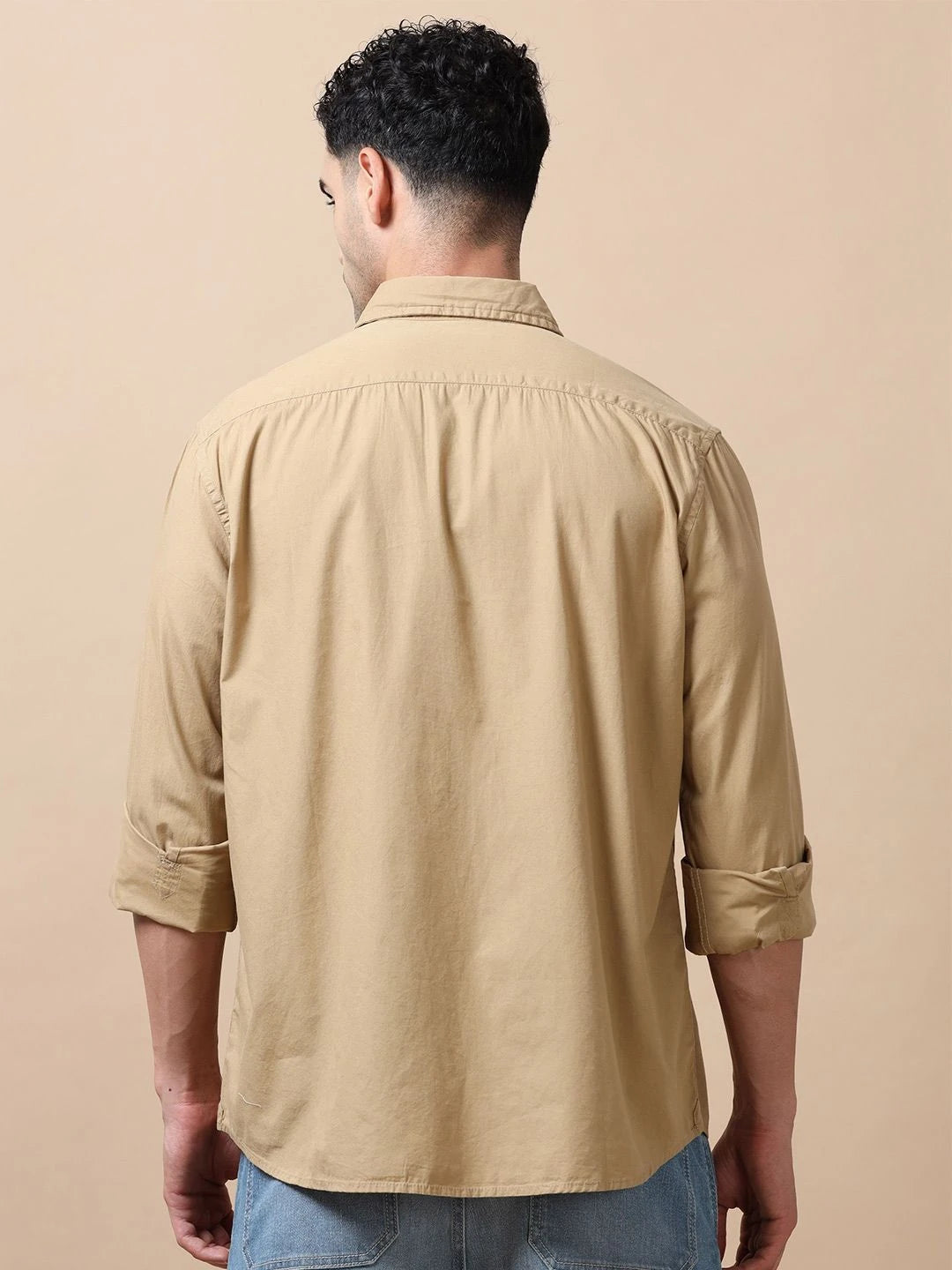 Silisoul Khaki Regular Fit Cotton Long Sleeves Spread Collar Shirt