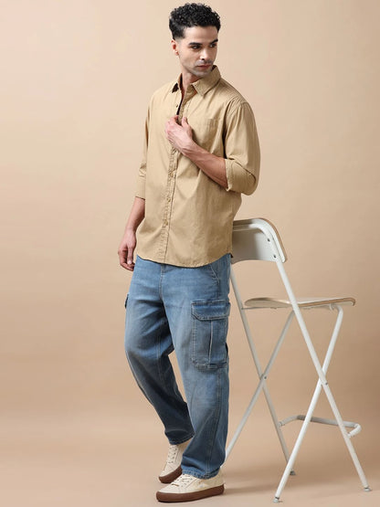 Silisoul Khaki Regular Fit Cotton Long Sleeves Spread Collar Shirt