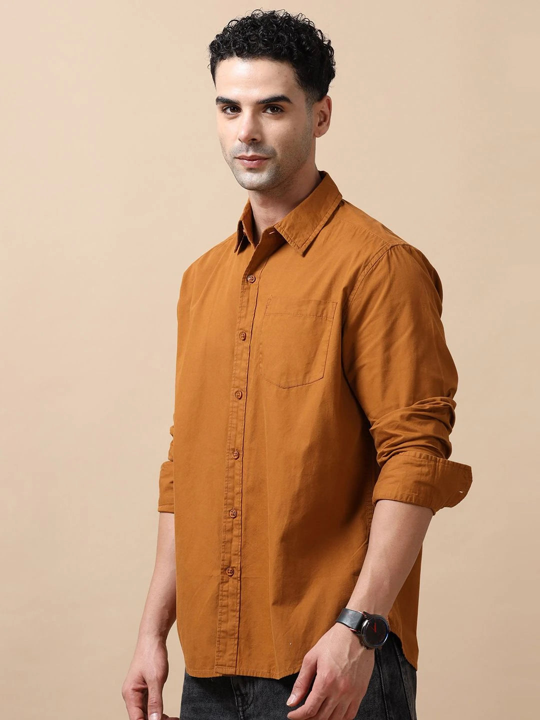 Silisoul Brown Regular Fit Cotton Long Sleeves Spread Collar Shirt