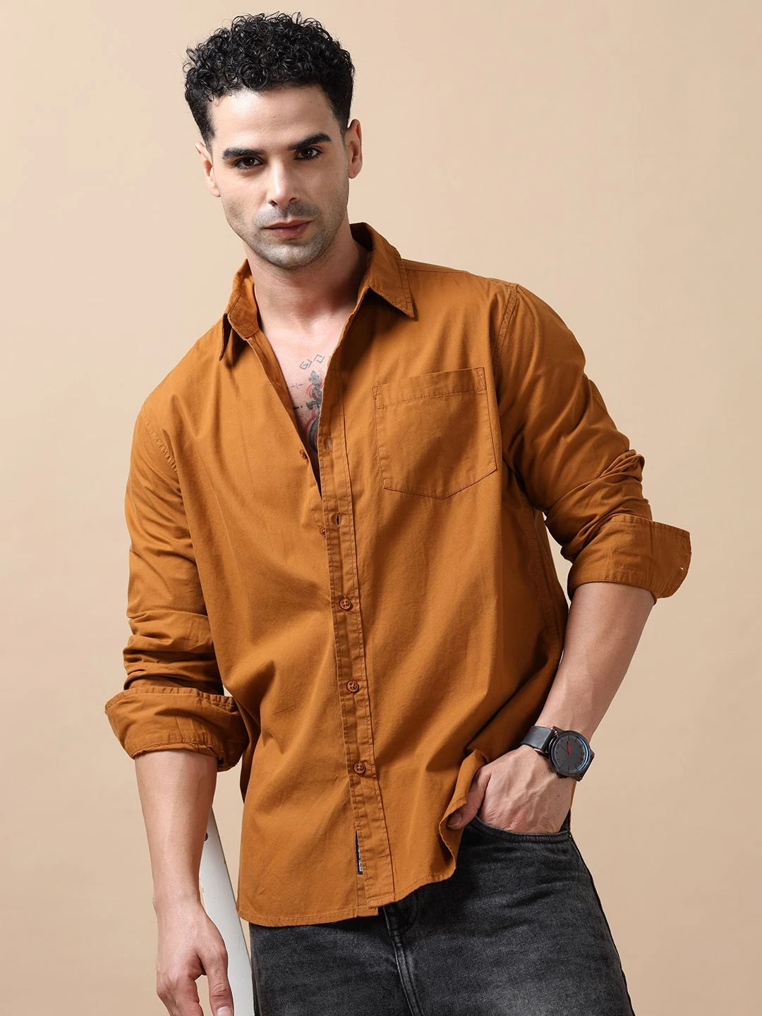 Silisoul Brown Regular Fit Cotton Long Sleeves Spread Collar Shirt