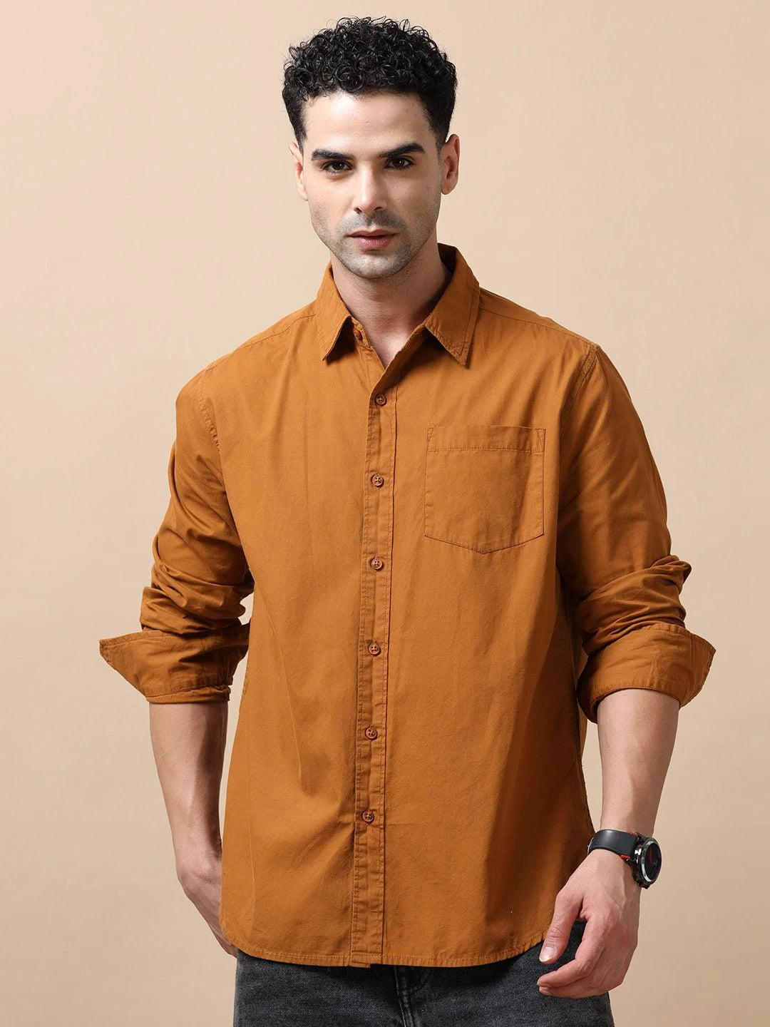 Silisoul Brown Regular Fit Cotton Long Sleeves Spread Collar Shirt