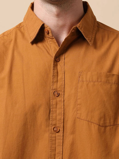Silisoul Brown Regular Fit Cotton Long Sleeves Spread Collar Shirt