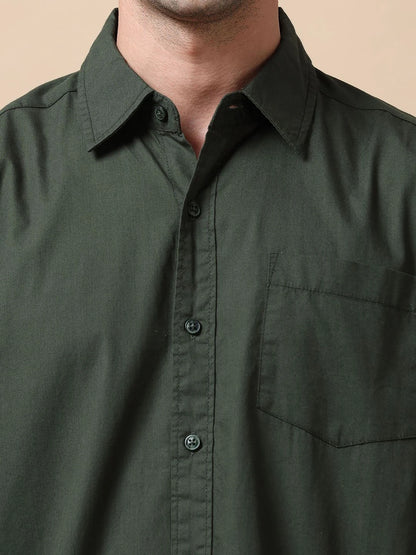Silisoul Olive Regular Fit Cotton Long Sleeves Spread Collar Shirt