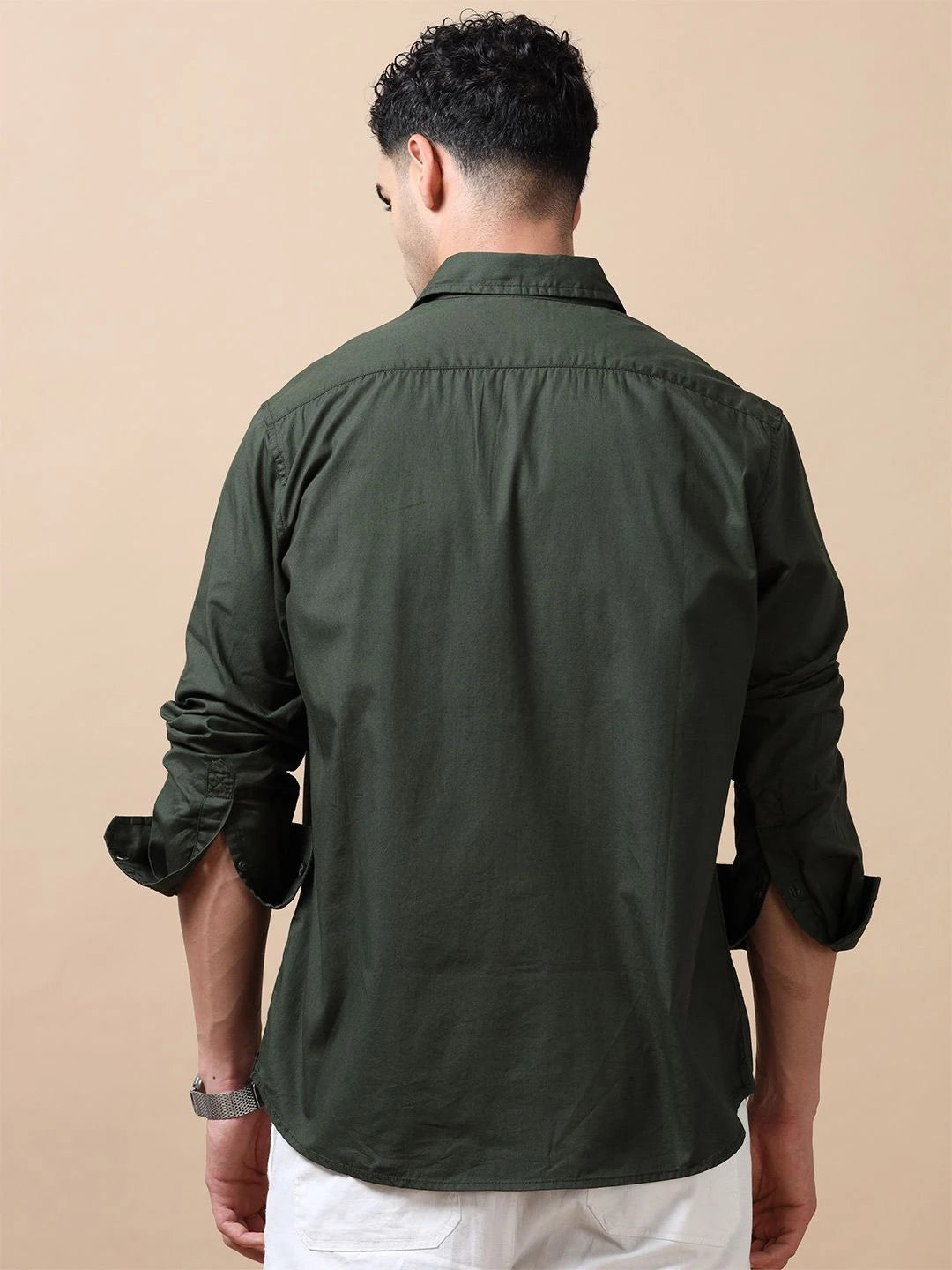 Silisoul Olive Regular Fit Cotton Long Sleeves Spread Collar Shirt