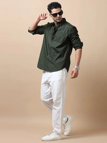 Silisoul Olive Regular Fit Cotton Long Sleeves Spread Collar Shirt
