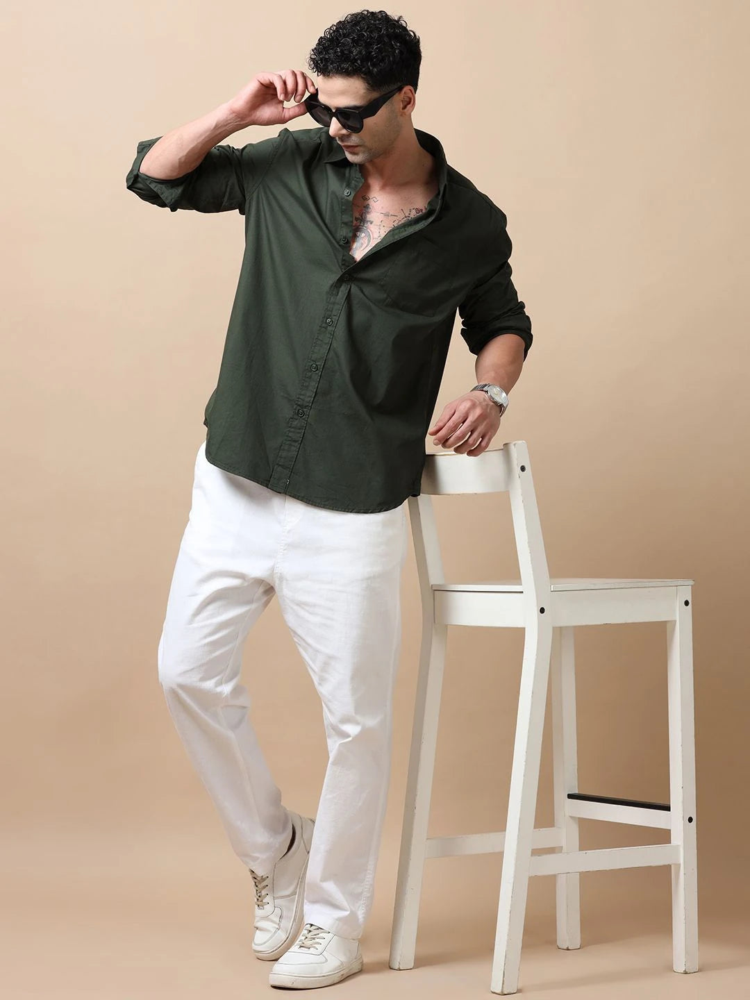 Silisoul Olive Regular Fit Cotton Long Sleeves Spread Collar Shirt