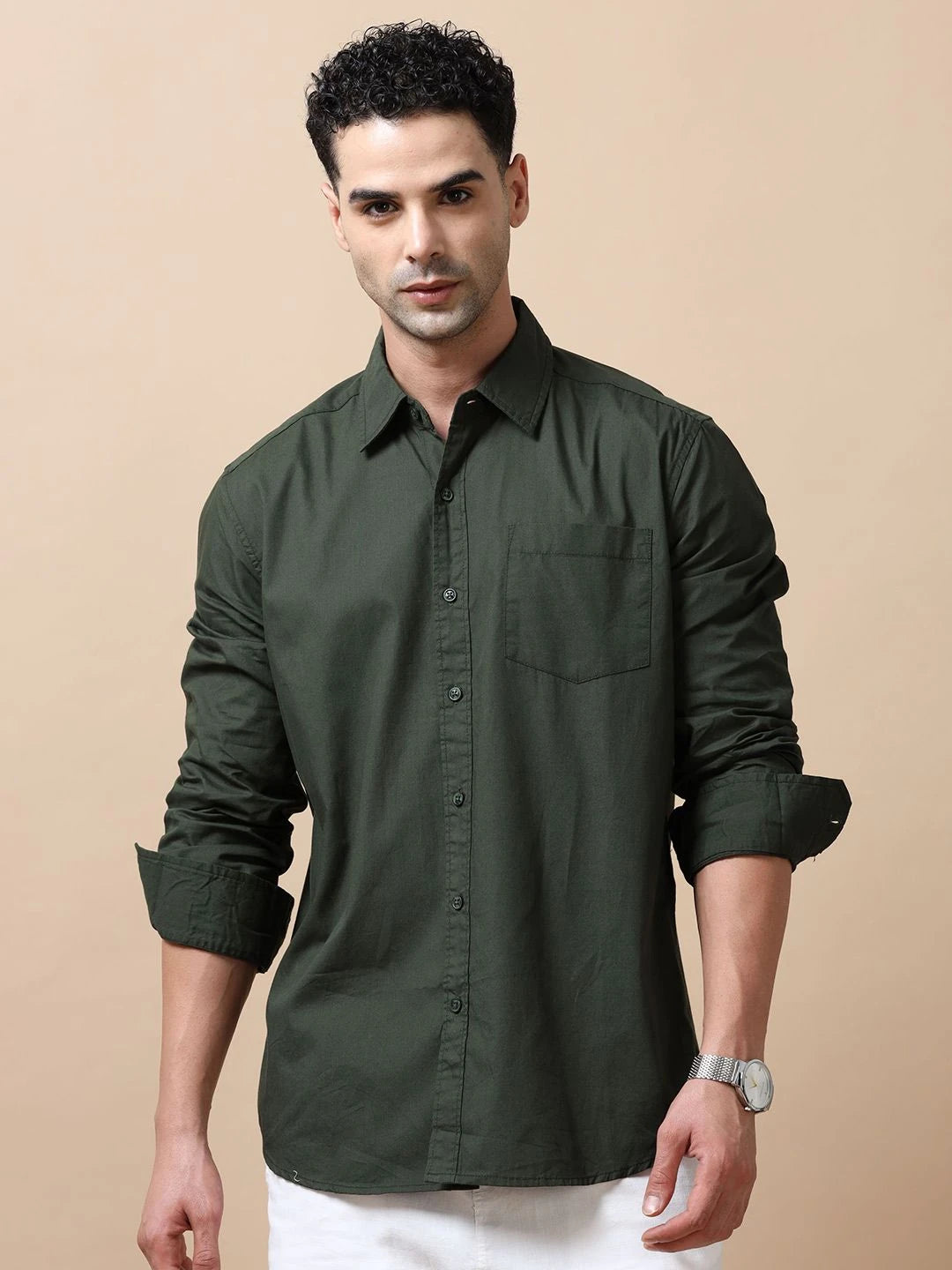 Silisoul Olive Regular Fit Cotton Long Sleeves Spread Collar Shirt