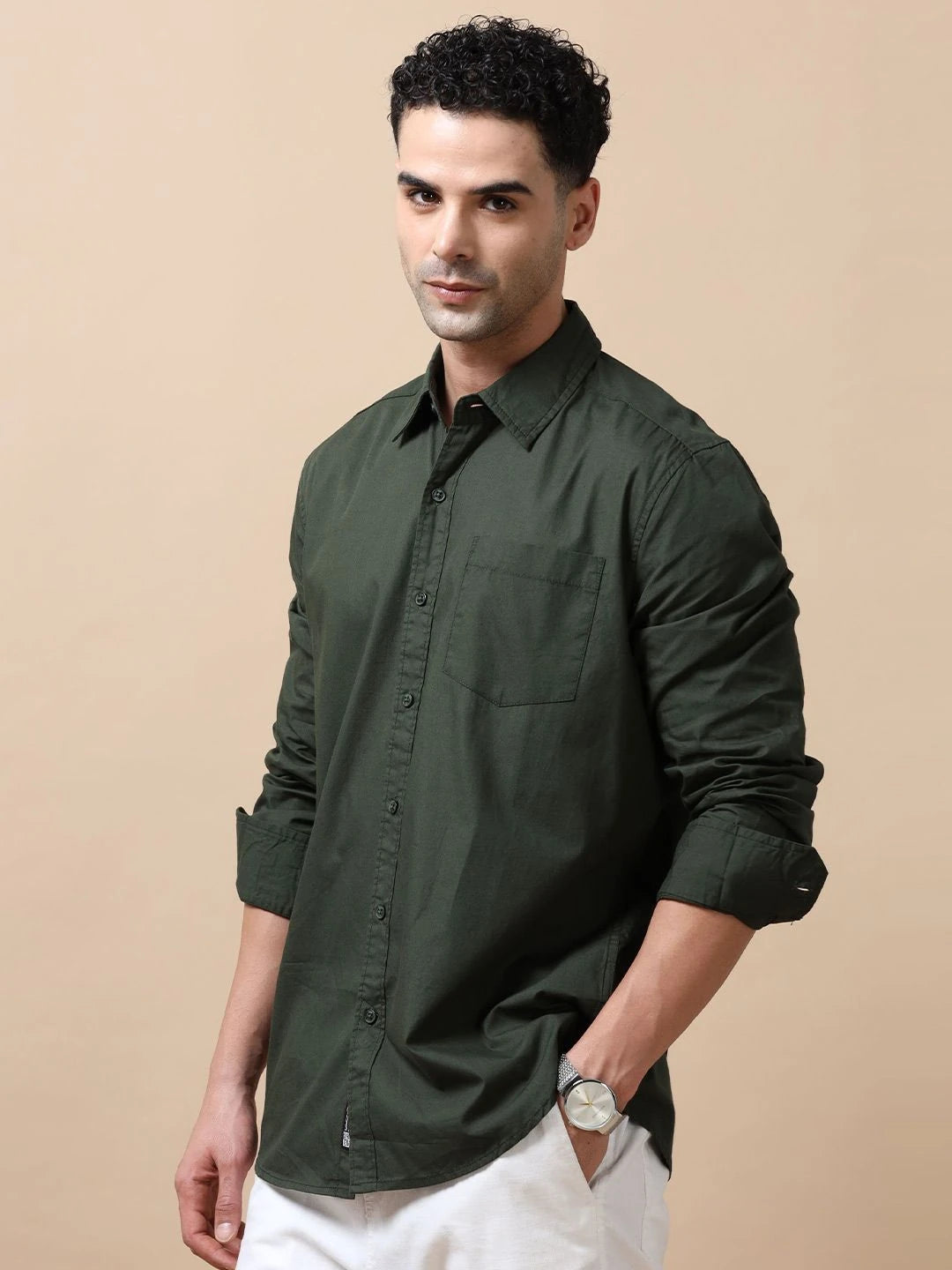 Silisoul Olive Regular Fit Cotton Long Sleeves Spread Collar Shirt