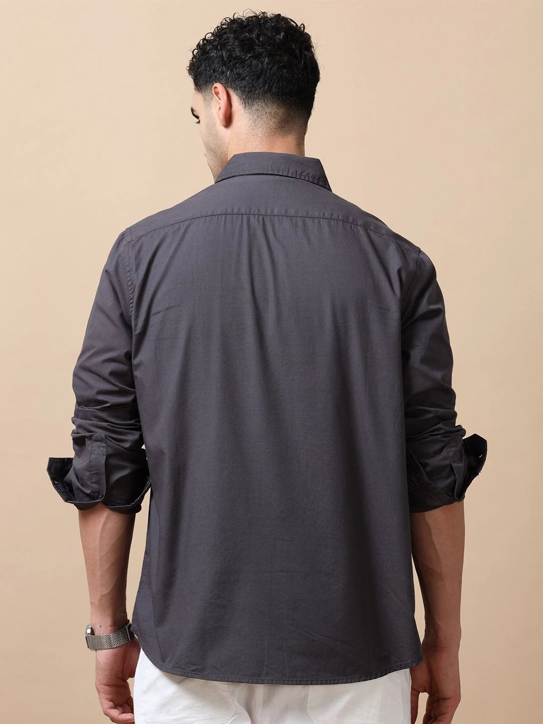 Silisoul Grey Regular Fit Cotton Long Sleeves Spread Collar Shirt