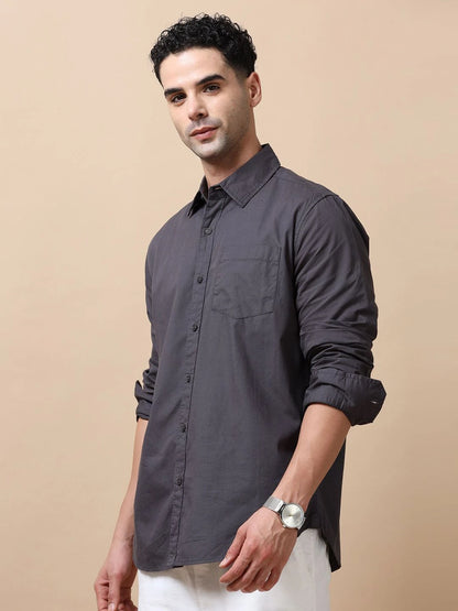 Silisoul Grey Regular Fit Cotton Long Sleeves Spread Collar Shirt