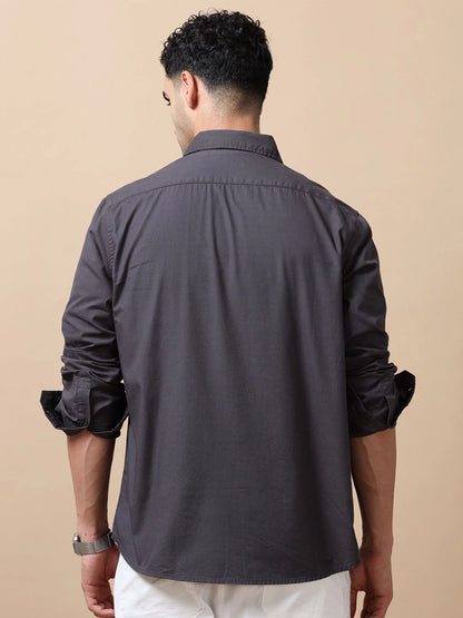 Silisoul Grey Regular Fit Cotton Long Sleeves Spread Collar Shirt