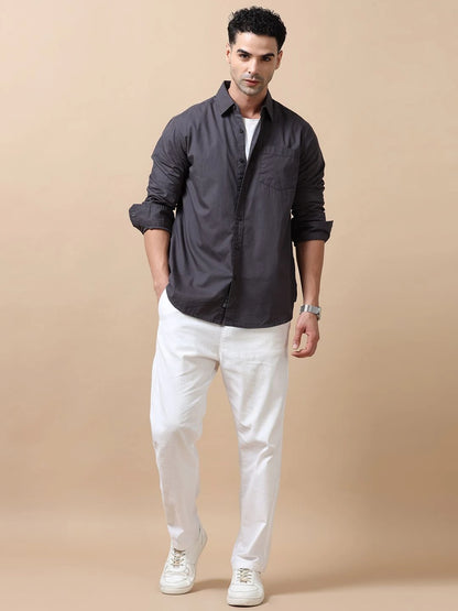 Silisoul Grey Regular Fit Cotton Long Sleeves Spread Collar Shirt