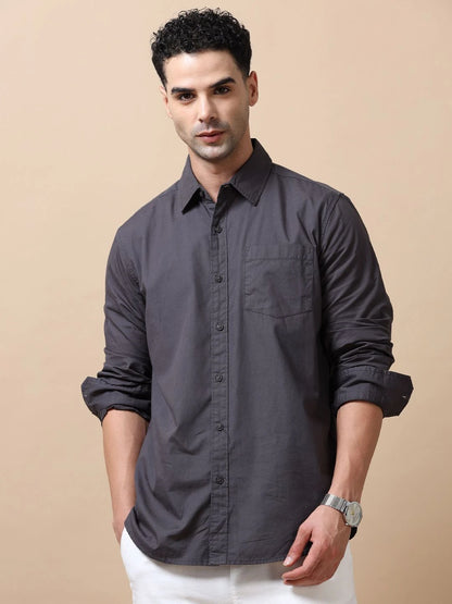 Silisoul Grey Regular Fit Cotton Long Sleeves Spread Collar Shirt