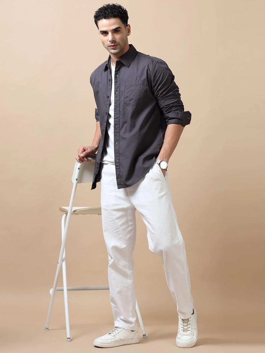 Silisoul Grey Regular Fit Cotton Long Sleeves Spread Collar Shirt