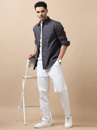 Silisoul Grey Regular Fit Cotton Long Sleeves Spread Collar Shirt