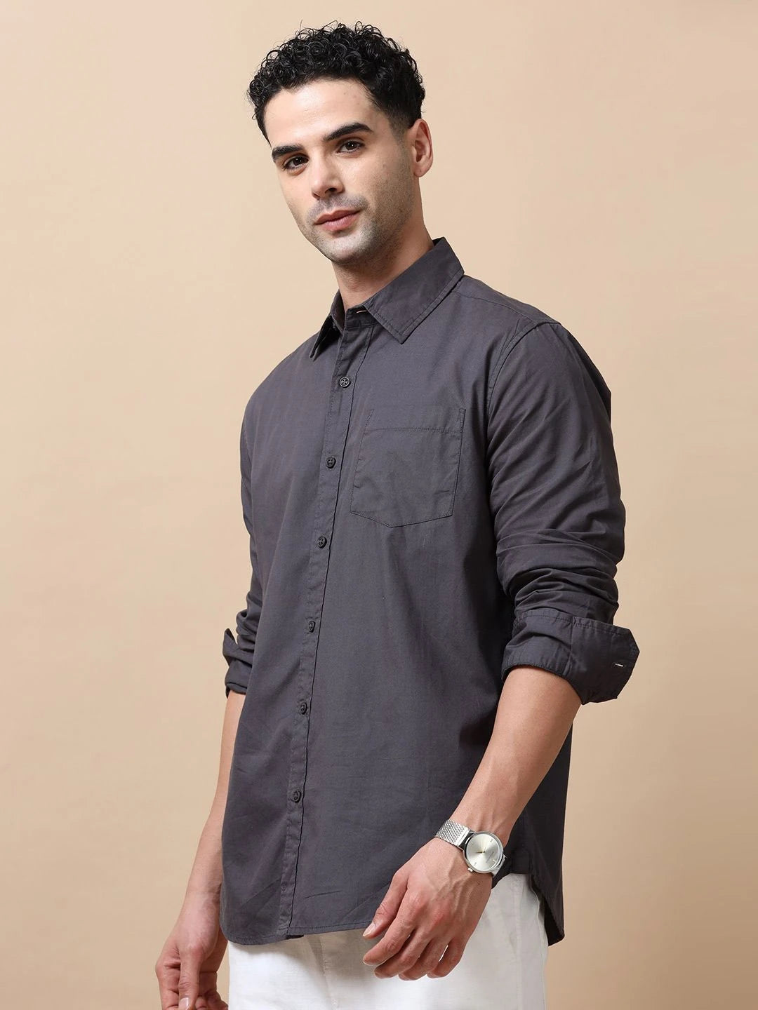 Silisoul Grey Regular Fit Cotton Long Sleeves Spread Collar Shirt