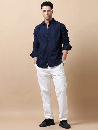 Silisoul Navy Blue Relaxed Fit Cotton Long Sleeves Shirt