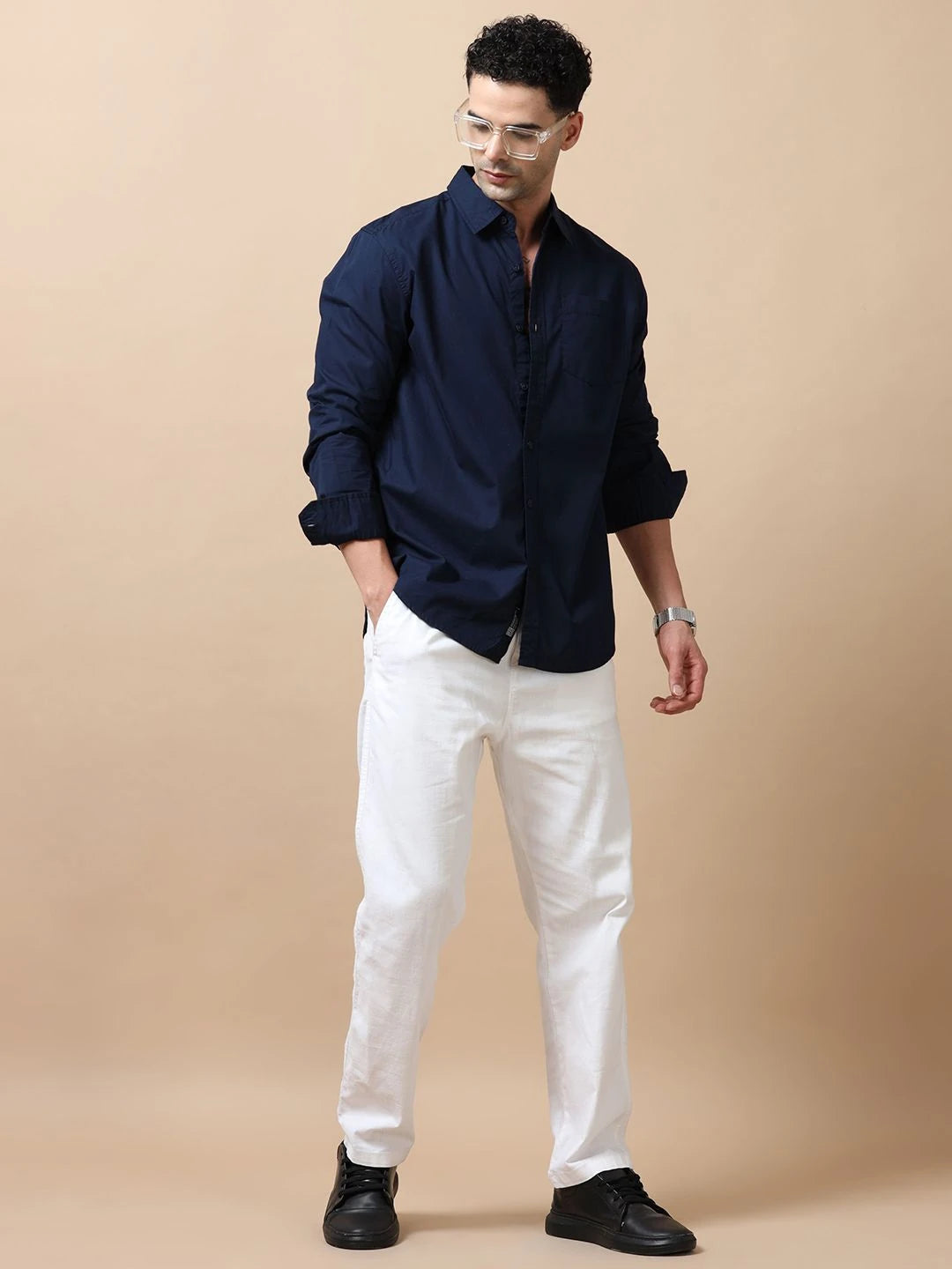 Silisoul Navy Blue Relaxed Fit Cotton Long Sleeves Shirt
