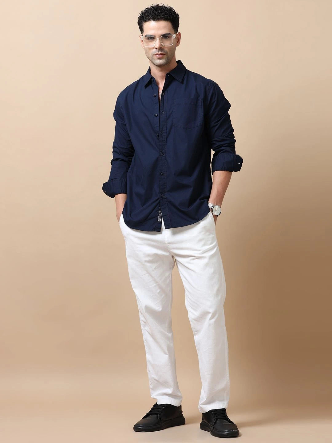Silisoul Navy Blue Relaxed Fit Cotton Long Sleeves Shirt