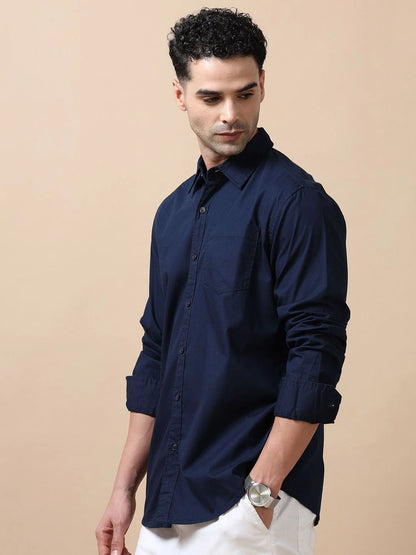 Silisoul Navy Blue Relaxed Fit Cotton Long Sleeves Shirt