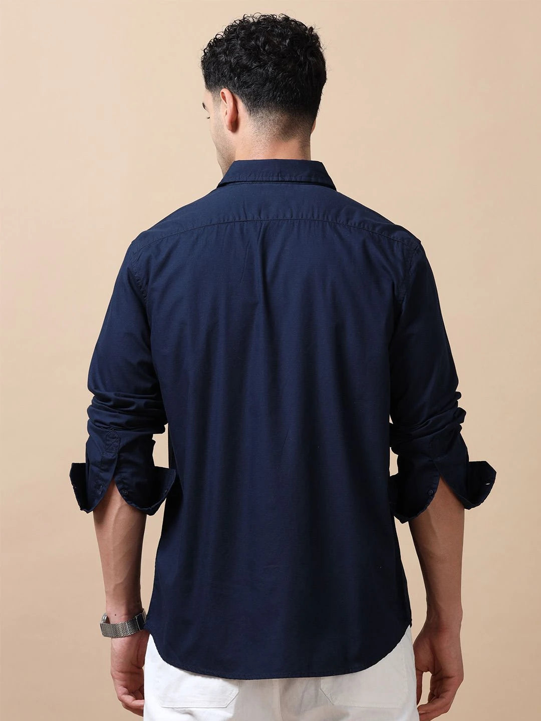 Silisoul Navy Blue Relaxed Fit Cotton Long Sleeves Shirt