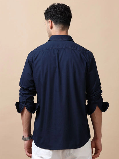 Silisoul Navy Blue Relaxed Fit Cotton Long Sleeves Shirt