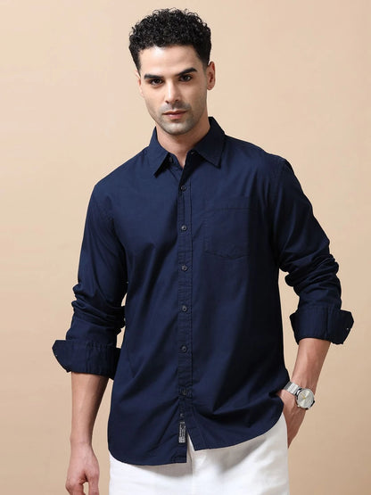 Silisoul Navy Blue Relaxed Fit Cotton Long Sleeves Shirt