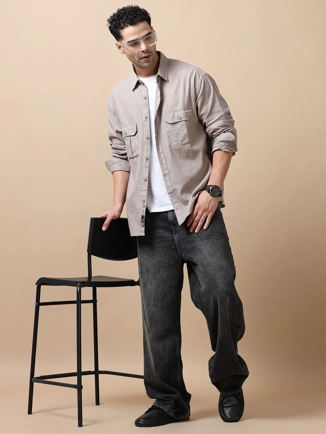 Silisoul Grey Relaxed Fit Cotton Long Sleeves Spread Collar Shirt
