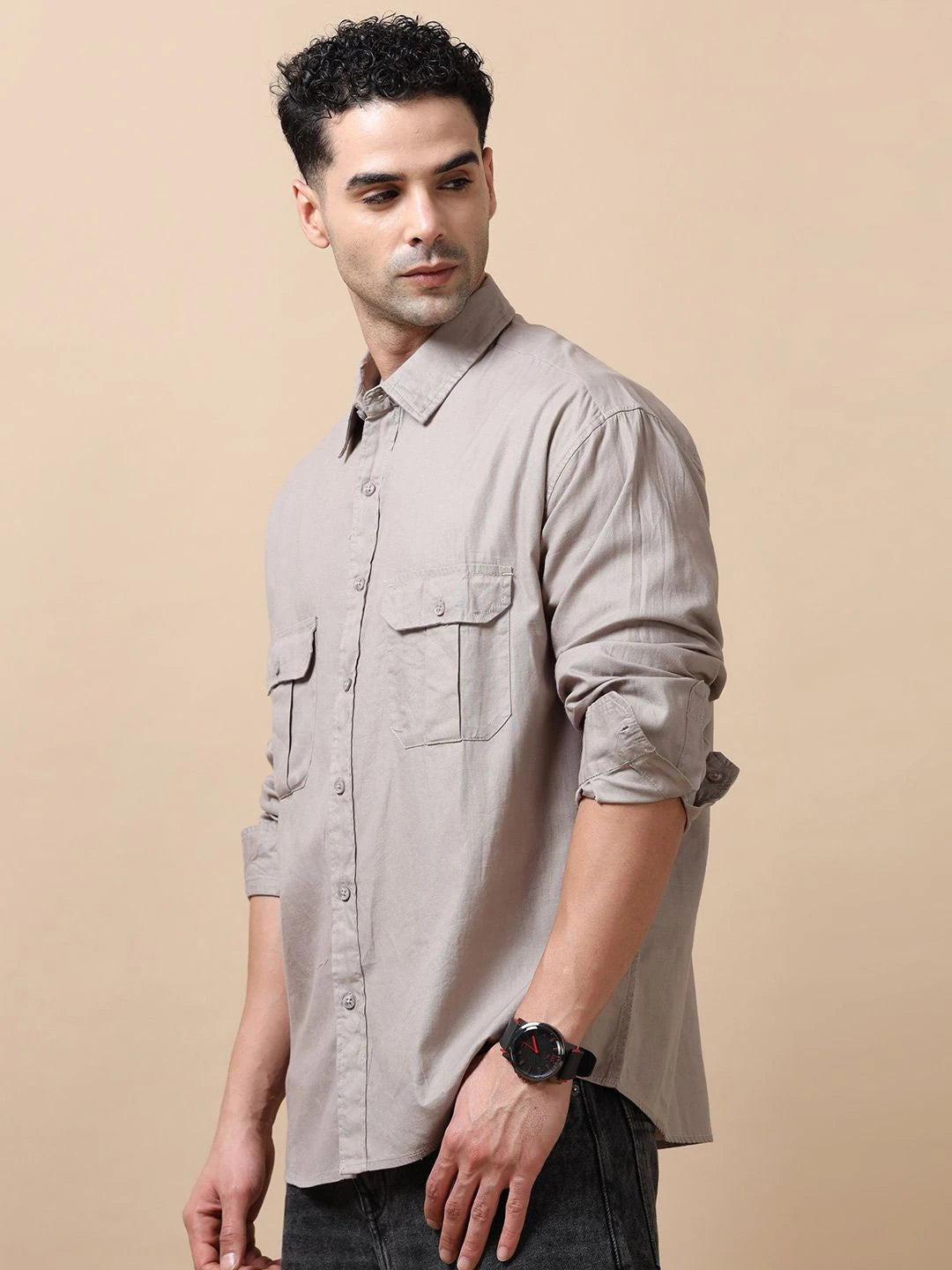 Silisoul Grey Relaxed Fit Cotton Long Sleeves Spread Collar Shirt