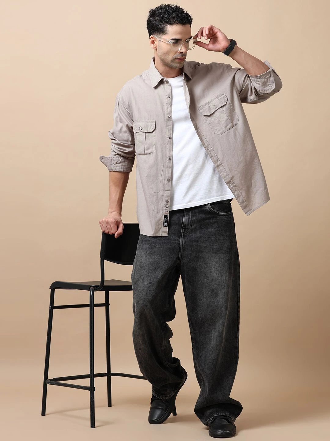 Silisoul Grey Relaxed Fit Cotton Long Sleeves Spread Collar Shirt